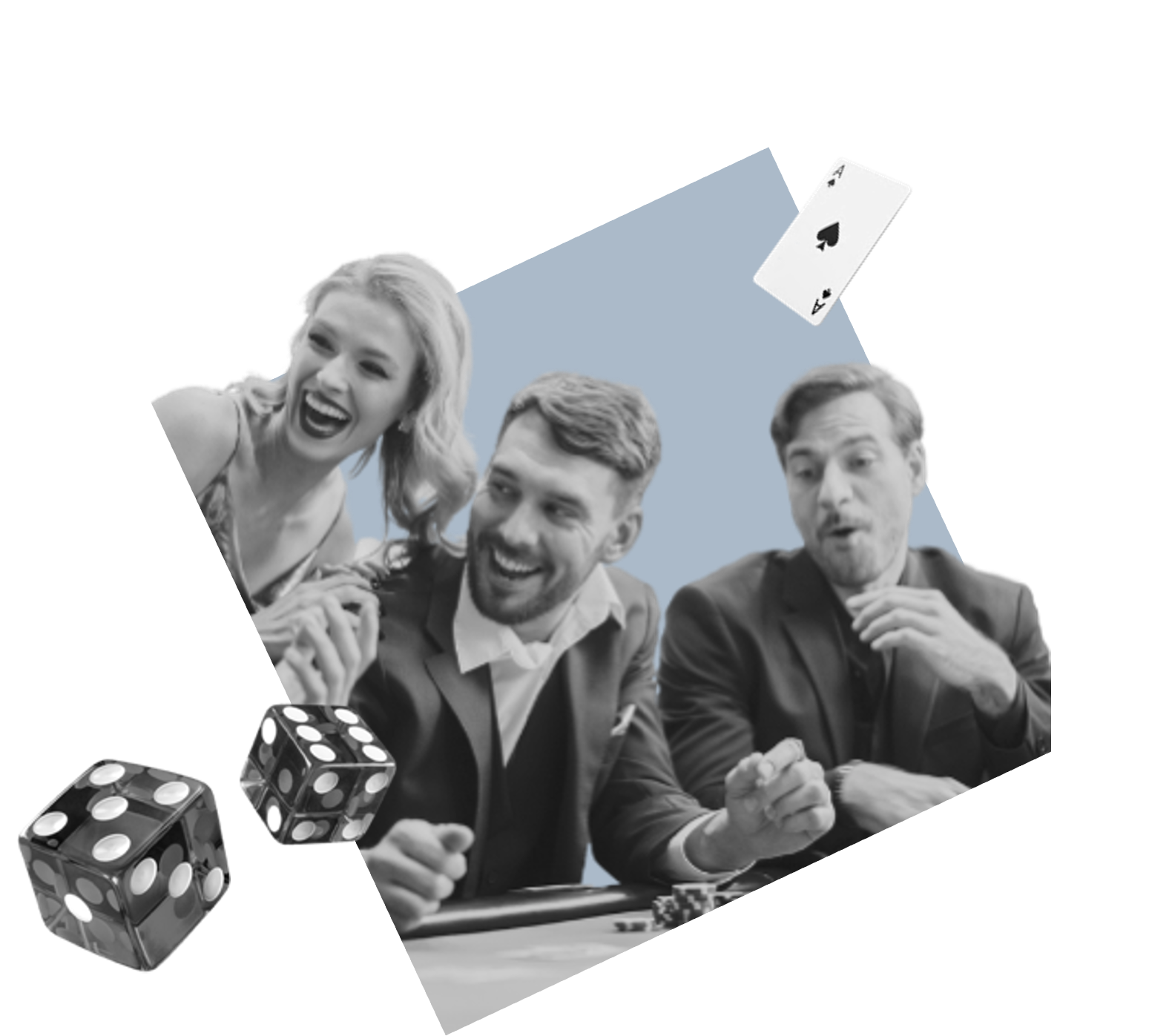 Three people in formal attire sit at a casino table, smiling and playing. Two dice and an ace of spades card appear in the foreground, with a blue geometric background behind them.