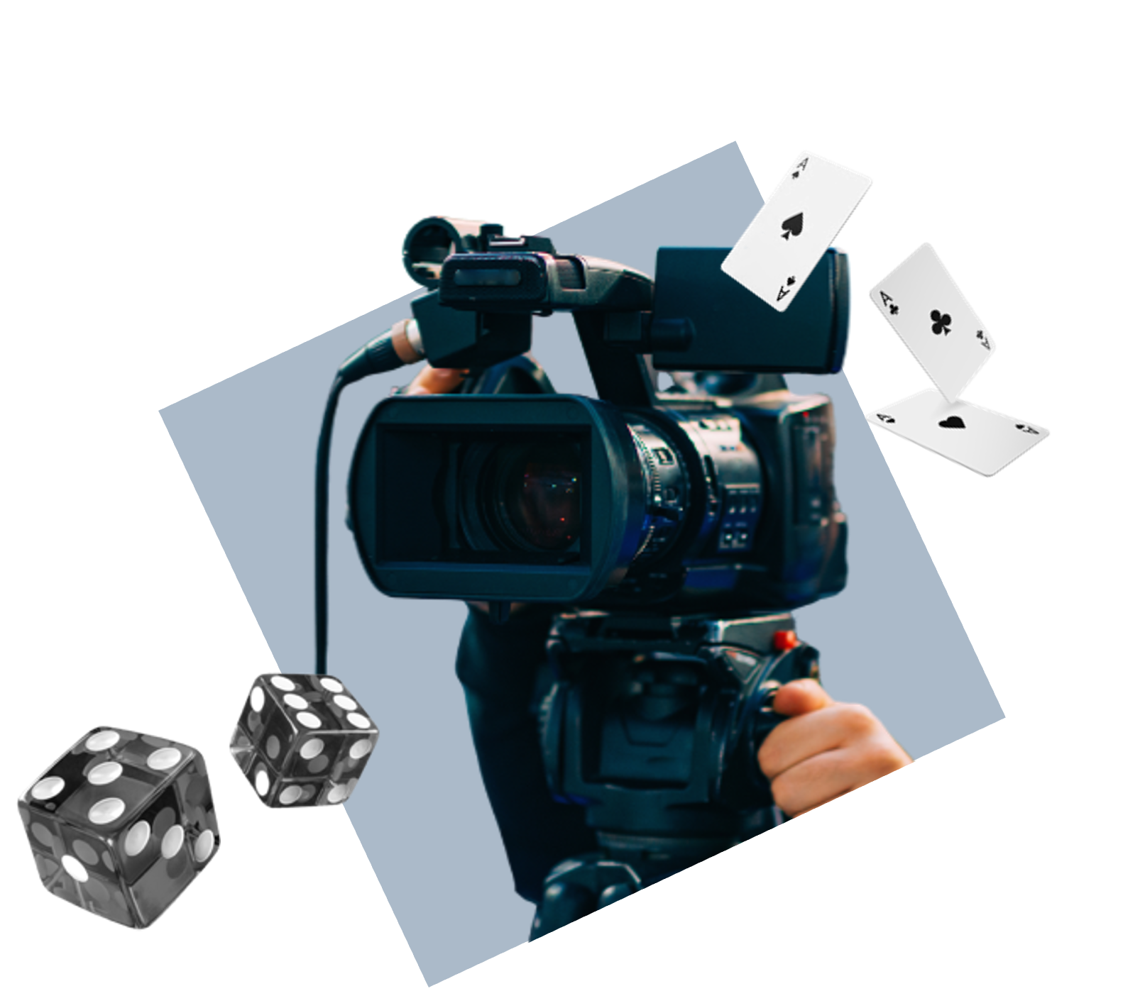 A video camera is pointed forward, with a playing card (ace of spades) tucked above the lens. Two dice are placed in the lower left corner. The background is a solid blue shape.