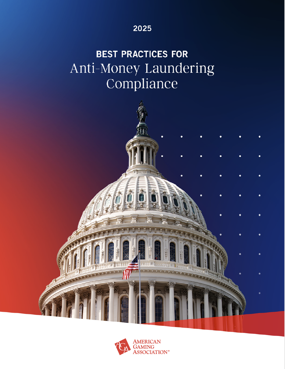 Cover of a 2025 report titled "Best Practices for Anti-Money Laundering Compliance," featuring the U.S. Capitol dome, an American flag, and the American Gaming Association logo on a red and blue background.
