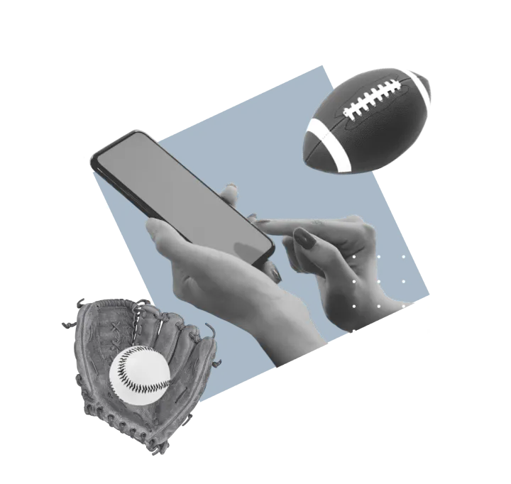 A person uses a smartphone while a football, a baseball in a glove, and geometric shapes float around, suggesting a connection between sports and technology.