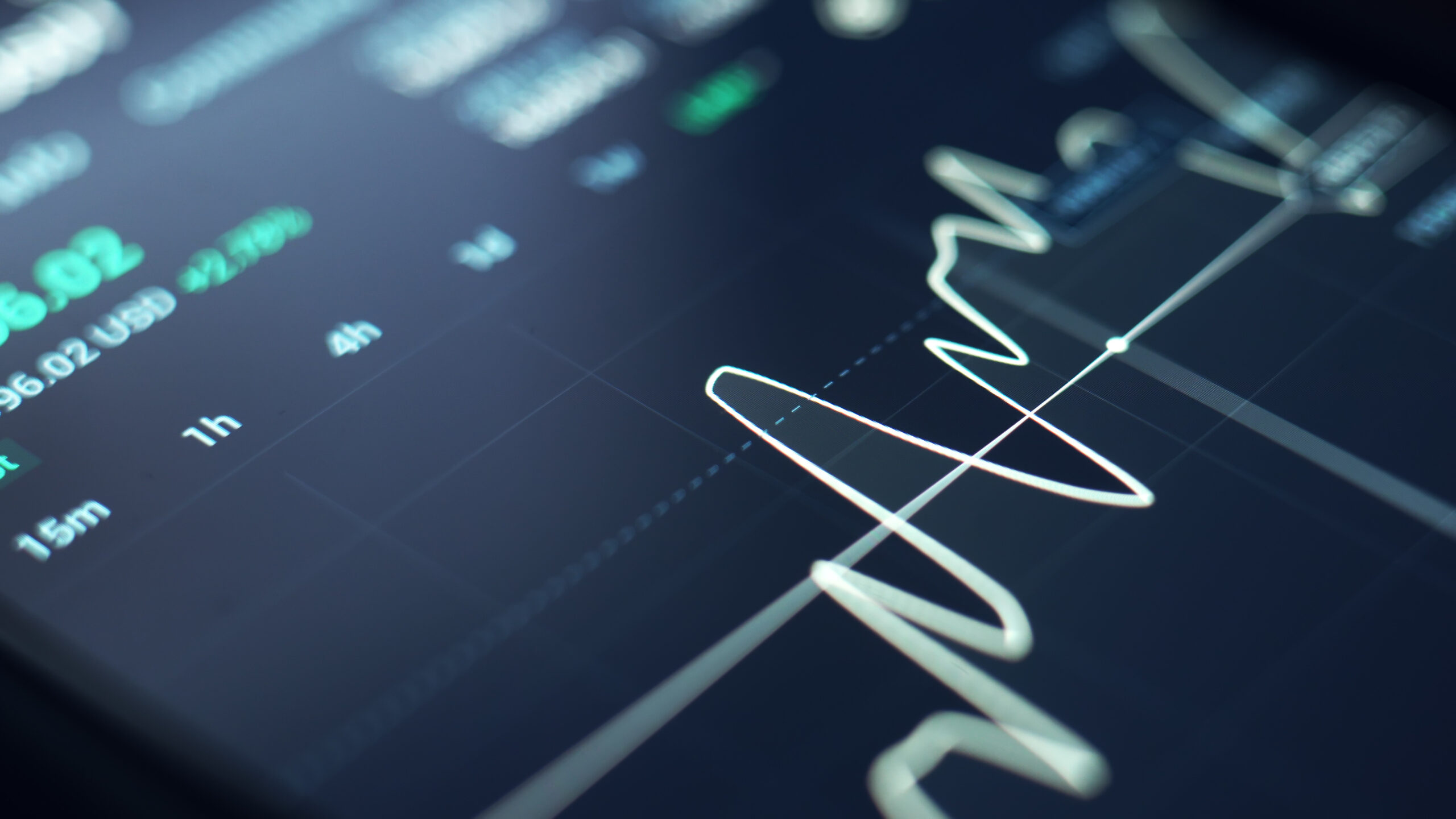 A close-up of a digital financial chart displaying a fluctuating white line graph, various numbers, and time intervals, indicating real-time prediction markets data for sports event contracts on a dark screen.