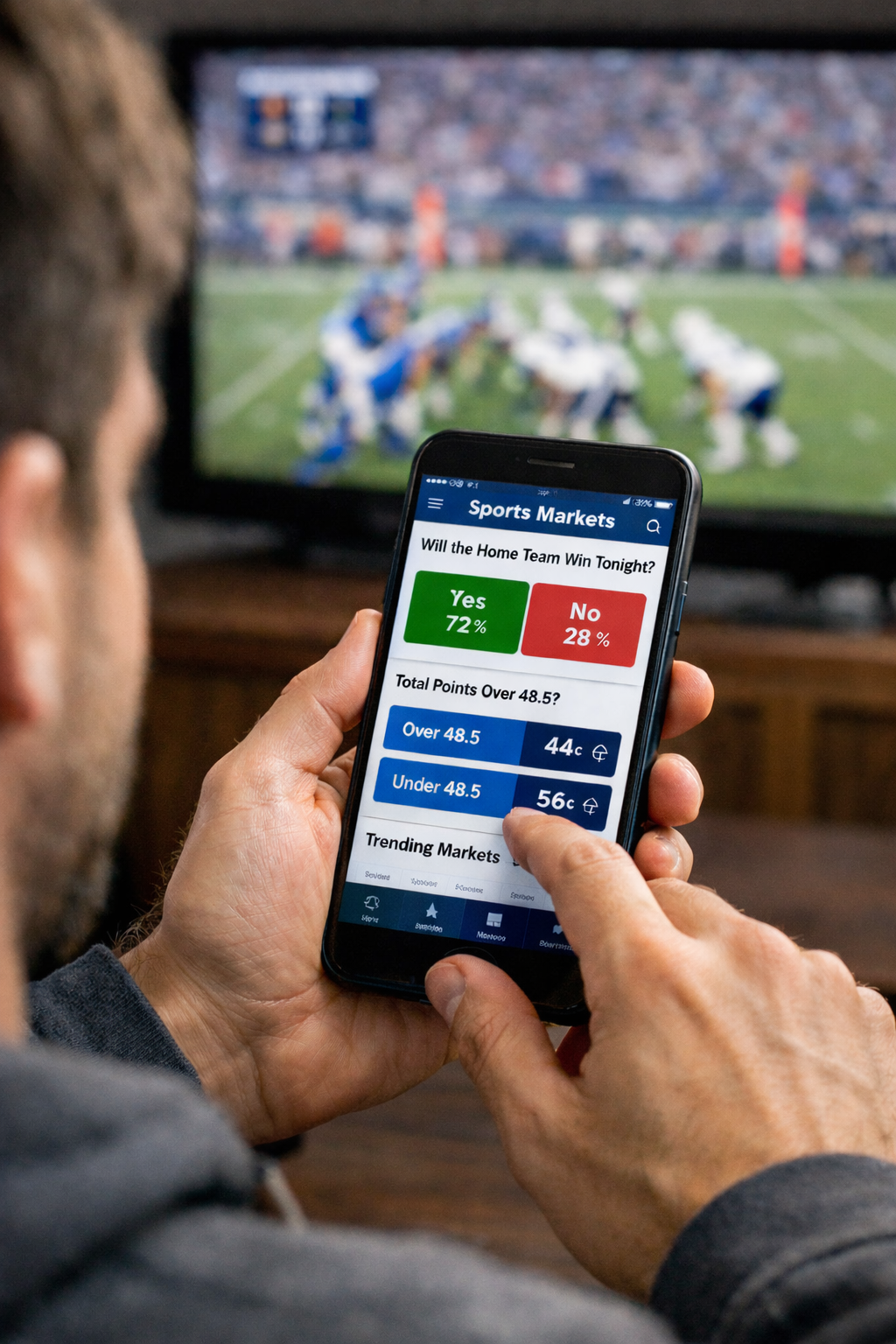 A person holds a smartphone displaying a prediction markets app with odds and options for an upcoming football game, while watching the game on TV in the background.